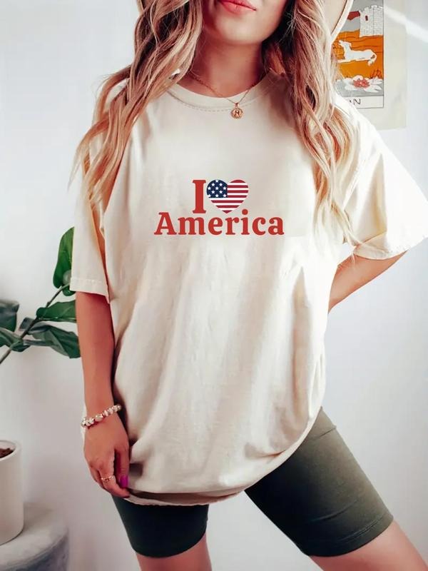 Women's America Flag & Letter Print Round Neck Tee, Casual Short Sleeve T-shirt for Daily Wear, Ladies Clothes for All...