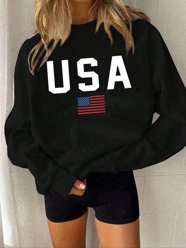 Women's America Flag Print Round Neck Sweatshirt, Casual Long Sleeve Crew Neck Pullover for Fall & Winter, Fashion...