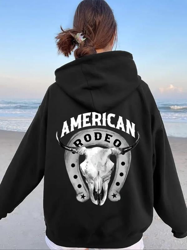 Women's American Bull Head Print Hoodie, Casual Geometric Print Drawstring Hooded Sweatshirt for Fall & Winter, Women's...