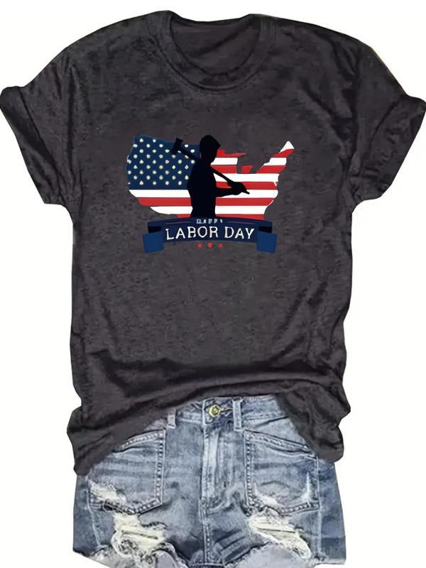 Women's American Flag & Baseball Print Round Neck Tee, Casual Letter Print Short Sleeve T-Shirt for Daily Wear, Ladies...