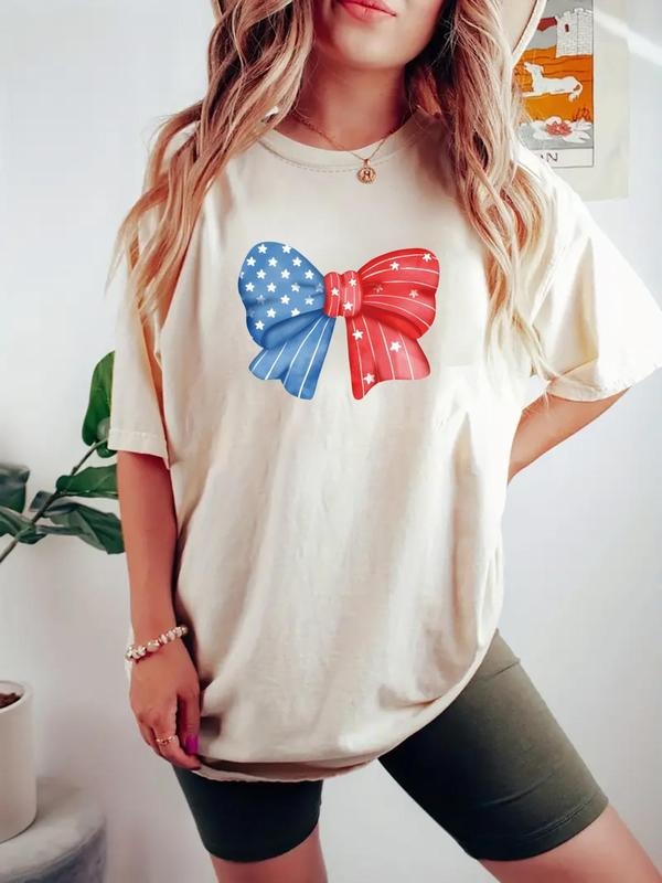 Women's American Flag & Bow Print Round Neck Tee, Casual Letter Graphic Short Sleeve T-Shirt for Daily Wear, Ladies...