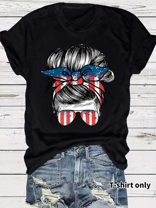 Women's American Flag & Bow Print Round Neck Tee, Casual Short Sleeve Crew Neck T-shirt for Summer, Fashion Women's Top...
