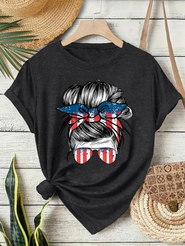 Women's American Flag & Bowknot Print Round Neck Graphic Tee, Casual Short Sleeve T-Shirt for Daily Wear, Ladies Clothes...