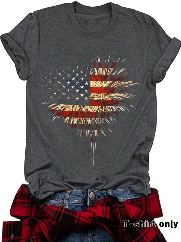 Women's American Flag & Fireworks Print Round Neck Tee, Casual Short Sleeve Crew Neck T-Shirt for Spring, Fashion Women's...
