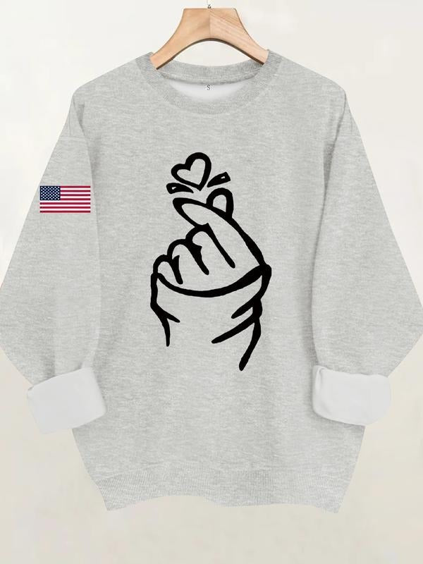 Women's American Flag & Heart Print Round Neck Sweatshirt, Casual Fitted Pullover, All-Season Comfort, Easy Care Fabric...