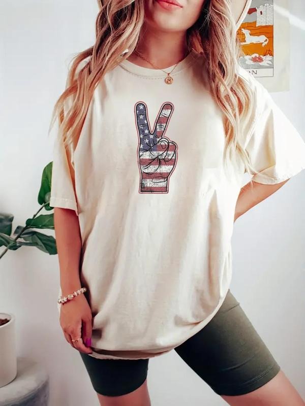 Women's American Flag & Letter Print Round Neck Tee, Casual Short Sleeve Crew Neck T-shirt for Daily Wear, Ladies Clothes...