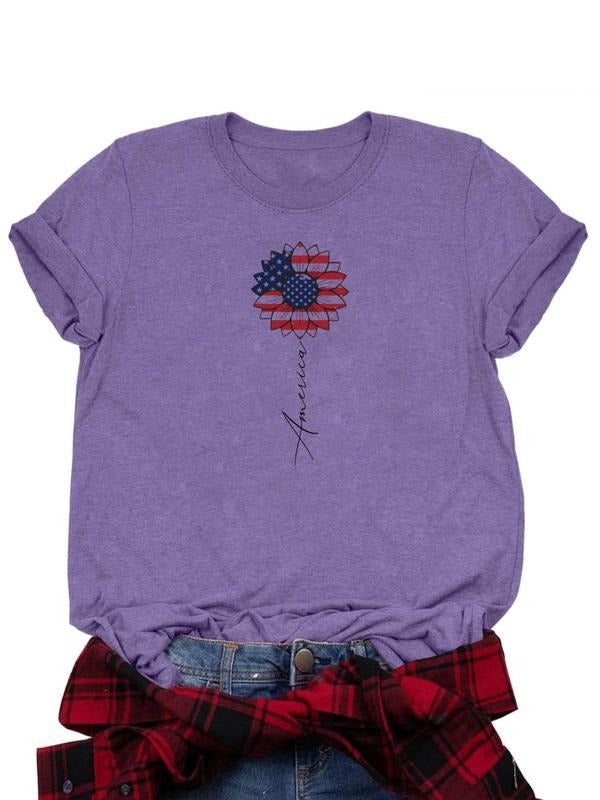 Women's American Flag & Letter Print Round Neck Tee, Casual Short Sleeve Crew Neck T-shirt for Daily Wear, Ladies Clothes...