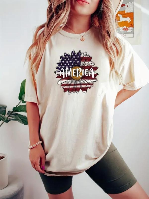 Women's American Flag & Letter Print Round Neck Tee, Casual Short Sleeve Crew Neck T-shirt for Daily Wear, Ladies Clothes...