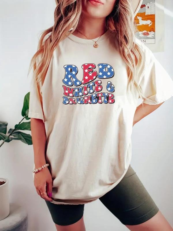 Women's American Flag & Letter Print Round Neck Tee, Trendy Casual Crew Neck T-shirt for Daily Wear, Ladies All Seasons...