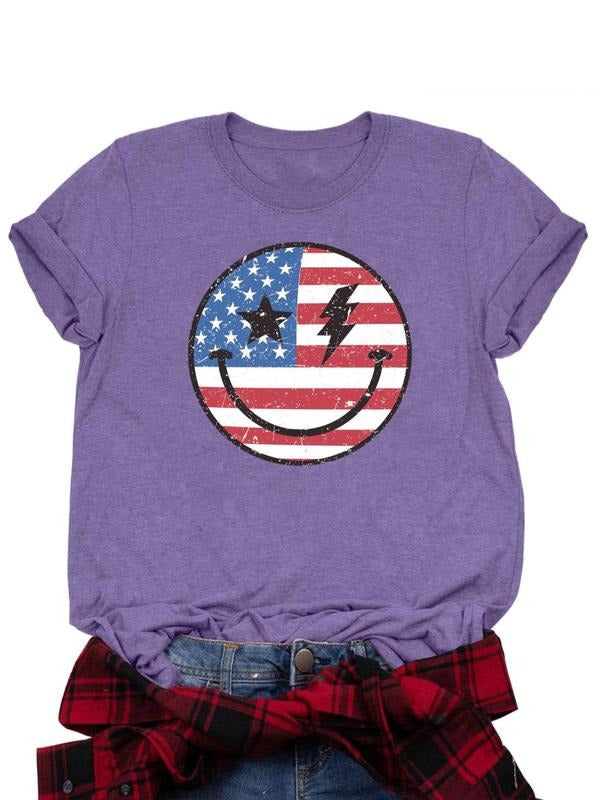 Women's American Flag & Lightning Print Round Neck Tee, Fashion Casual Crew Neck T-shirt for Daily Holiday Vacation...