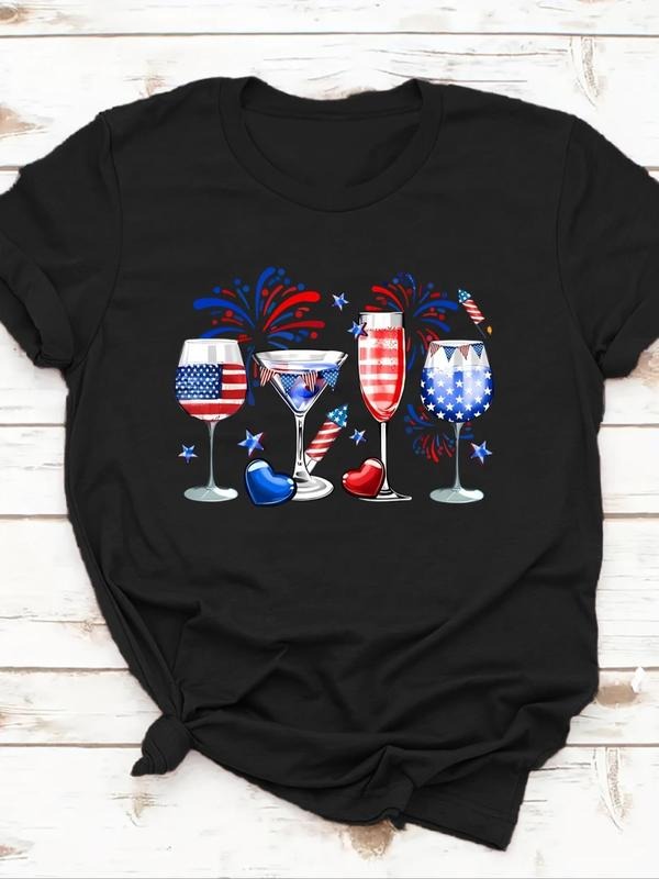 Women's American Flag Beverage Print Round Neck Tee, Fashion Casual Crew Neck T-shirt for Daily Holiday Outdoor Wear,...