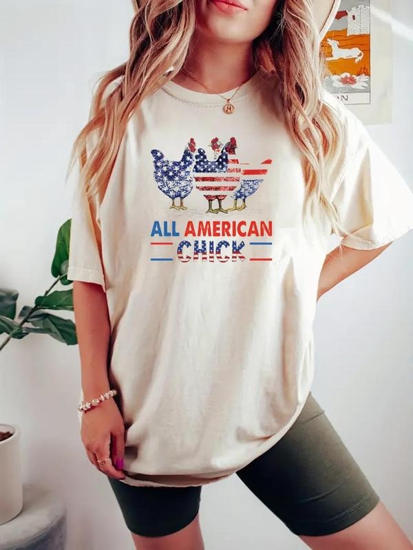 Women's American Flag Chicken Print Round Neck Tee, Casual Letter Graphic Short Sleeve T-Shirt for Daily Wear, Ladies...