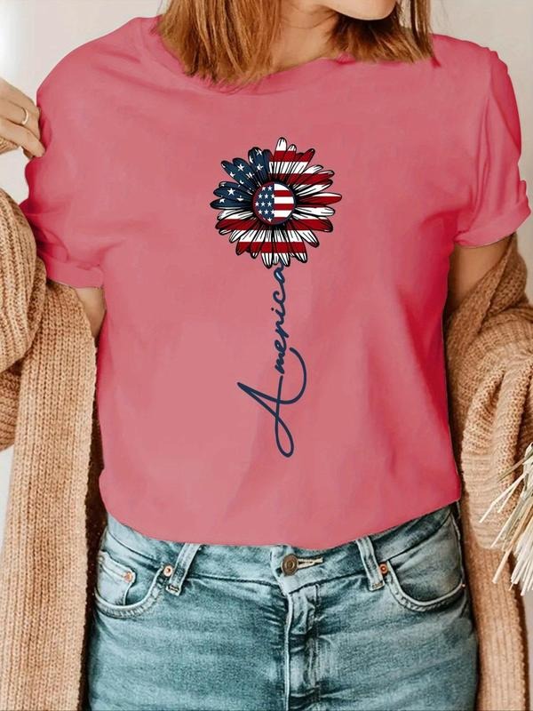 Women's American Flag Floral & Letter Print Round Neck Tee, Vintage Trendy Casual Short Sleeve T-shirt for Daily Wear,...