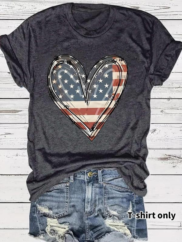 Women's American Flag Heart Print Round Neck Tee, Casual Short Sleeve Crew Neck T-Shirt for Summer, Fashion Women's Top...
