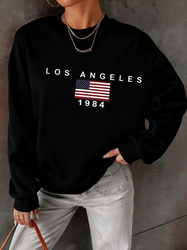 Women's American Flag Letter Print Sweatshirt, Soft Thick Round Neck Pullover, Casual Loose Fit Winter Top for Parties...