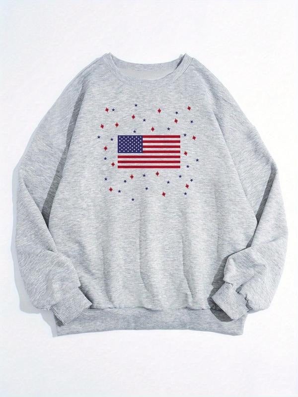 Women's American Flag Print Drop Shoulder Sweatshirt, Casual Long Sleeve Round Neck Pullover for Fall & Winter, Women's...