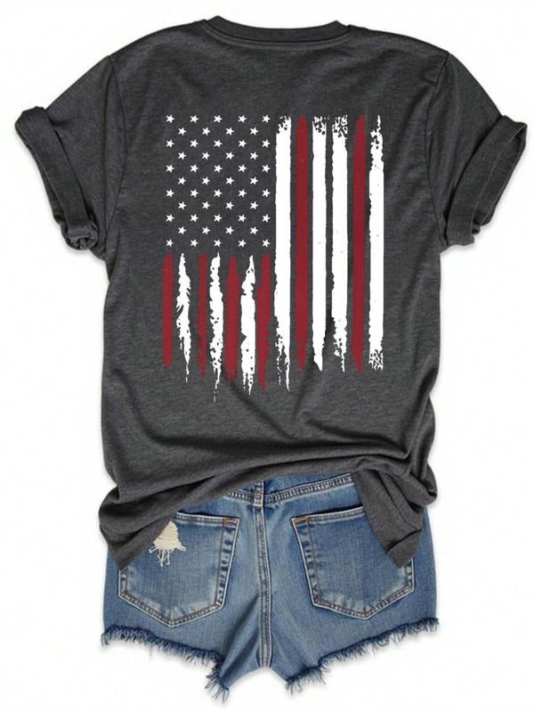 Women's American Flag Print Round Neck Tee, Casual Fashion Short Sleeve T-shirt for Summer, Ladies Clothes for Daily Wear...