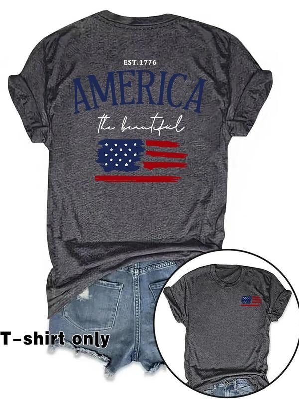 Women's American Flag Print Round Neck Tee, Casual Short Sleeve Crew Neck T-Shirt for Summer, Fashion Women's Top for...