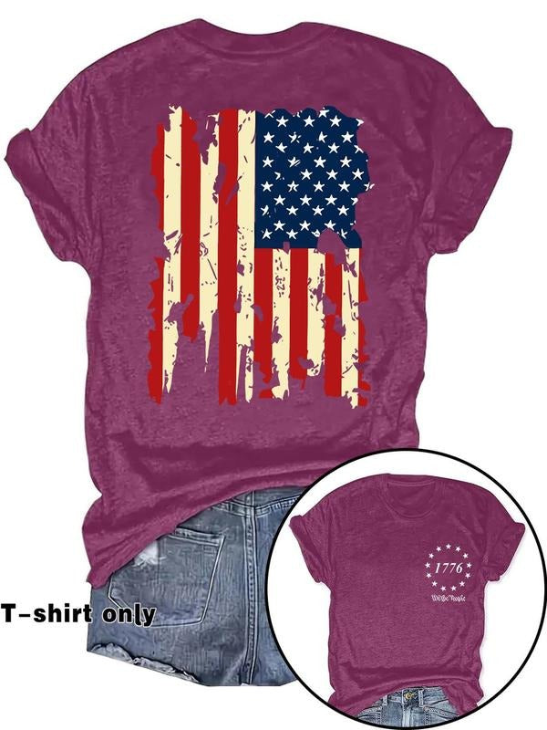 Women's American Flag Print Round Neck Tee, Fashion Casual Crew Neck T-Shirt for Daily Holiday Vacation Outdoor Wear,...