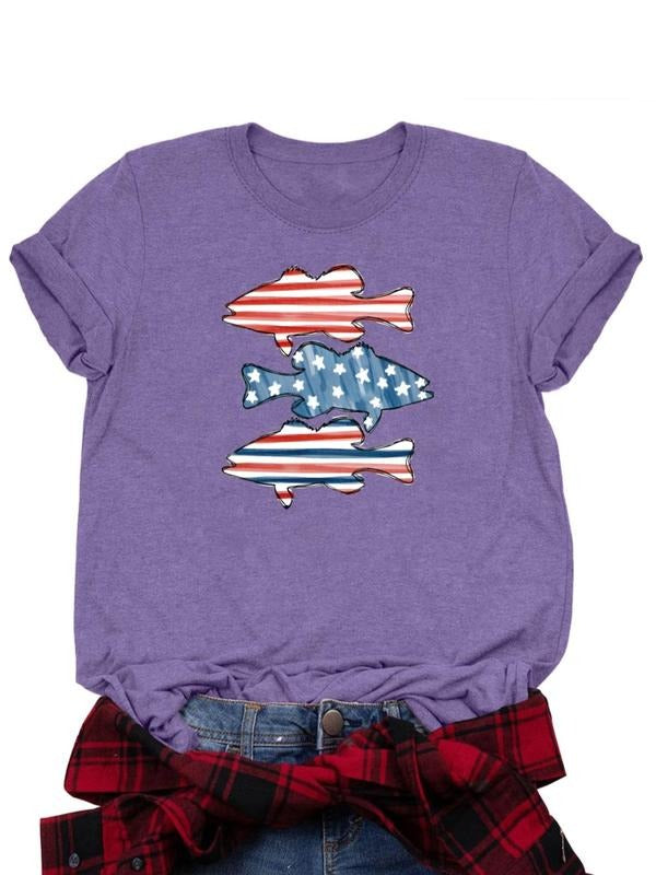 Women's American Flag Print Round Neck Tee, Fashion Casual Crew Neck T-shirt for Daily Holiday Vacation Outdoor Wear,...
