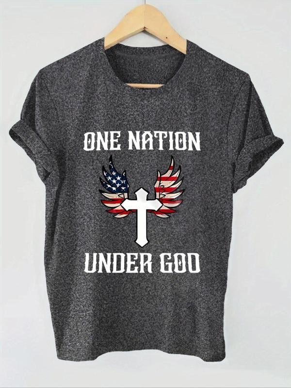 Women's American Flag Wings & Cross Print Round Neck Tee, Trendy Casual Letter Graphic Short Sleeve T-shirt for Daily...