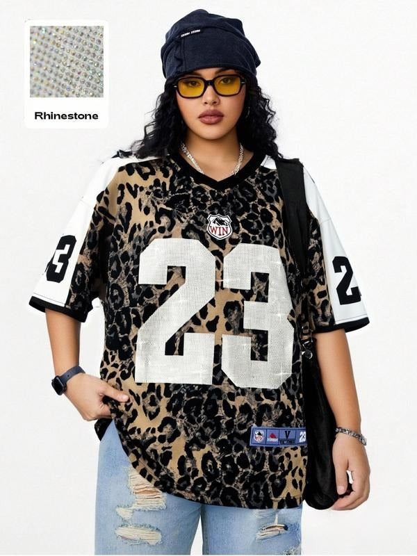 Women's American Retro Loose-Fit T-Shirt, Summer Casual Baseball Jersey, Rhinestone Letter Design, Unisex Sports Wear,...
