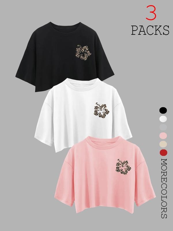 Women's American Retro Style Loose-Fit Short Sleeve T-Shirt Set, Summer Casual Fashion Leopard Floral Print Tops for Gym...