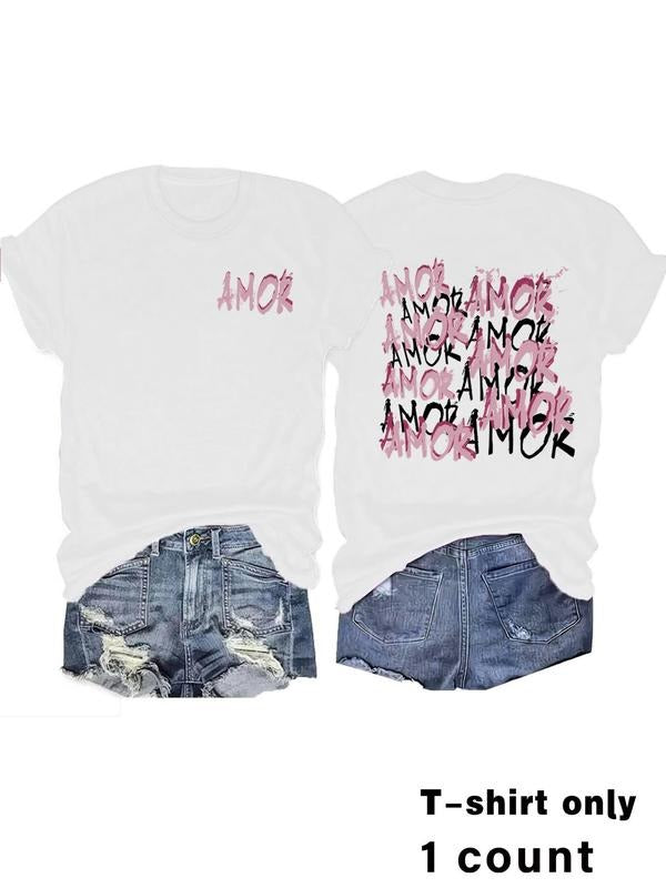 Women's Amor Animo Letter Print Round Neck Tee, Vintage Trendy Casual Short Sleeve T-shirt for Daily Wear, Ladies Summer,...