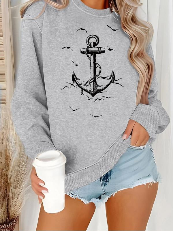 Women's Anchor & Bird Print Crew Neck Sweatshirt, Casual Long Sleeve Pullover for Fall & Winter, Women's Clothes for...