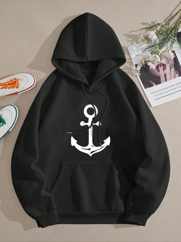Women's Anchor Print Drop Shoulder Hoodie, Fashion Casual Drawstring Pocket Hooded Sweatshirt for Daily Holiday Outdoor...
