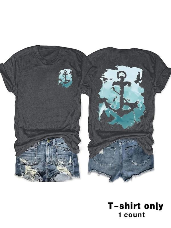 Women's Anchor Print Round Neck Tee, Casual Short Sleeve Crew Neck T-shirt for Summer, Fashion Women's Top for Daily Wear...