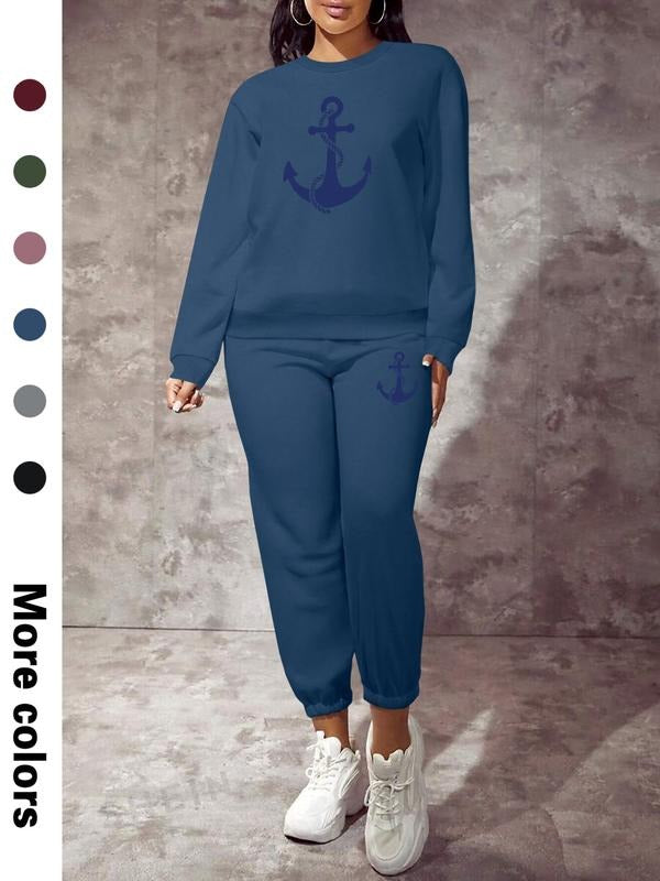 Women's Anchor Print Sweatshirt Set, Long Sleeve Fitted Casual Sportswear, Comfortable Fashion Design, Perfect for Daily...