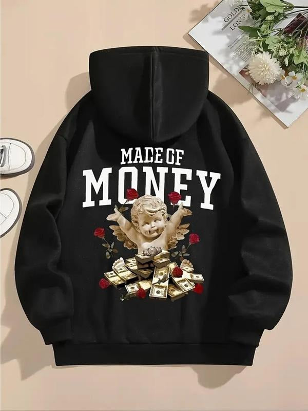 Women's Angel & Floral Print Drop Shoulder Thermal Lined Hoodie, Fashion Casual Letter Graphic Drawstring Pocket Hooded...
