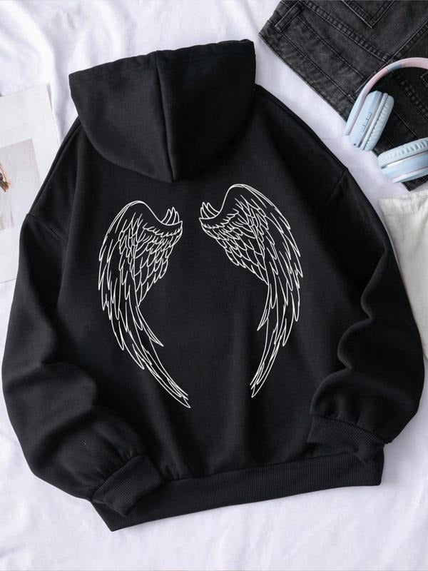 Women's Angel Wing Print Drop Shoulder Hoodie, Fashion Casual Drawstring Kangaroo Pocket Hooded Sweatshirt for Daily...