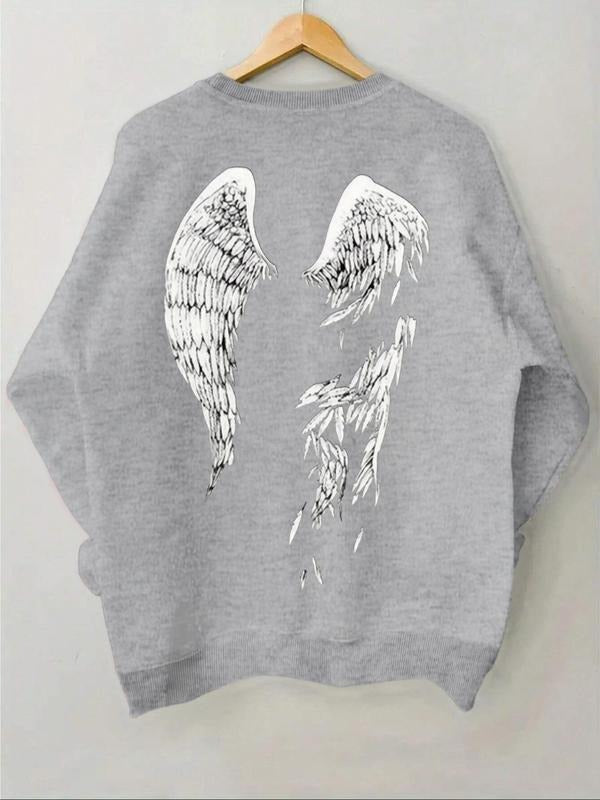 Women's Angel Wing Print Drop Shoulder Sweatshirt, Casual Long Sleeve Round Neck Pullover for Fall & Winter, Women's...