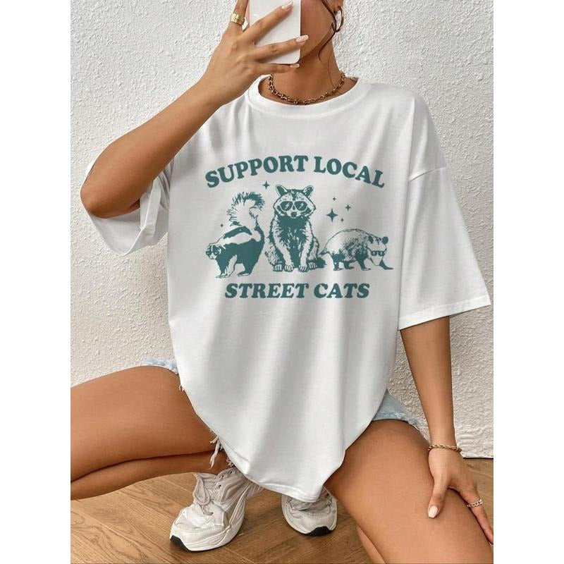 Women's Animal & Letter Print Drop Shoulder Tee, Casual Half Sleeve Round Neck T-shirt for Summer, Fashion Women's Top...