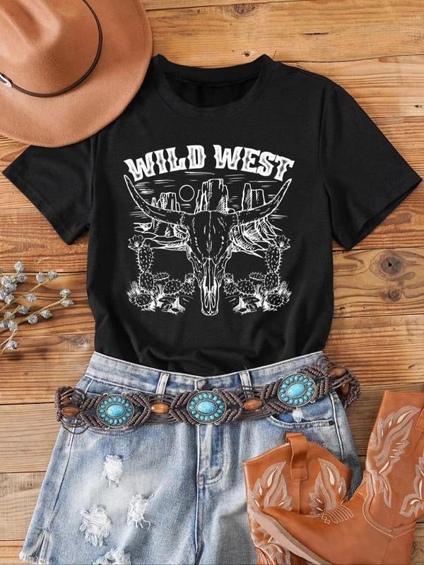 Women's Animal & Letter Print Round Neck Graphic Tee, Vintage Trendy Casual Short Sleeve T-shirt for Daily Wear, Ladies...