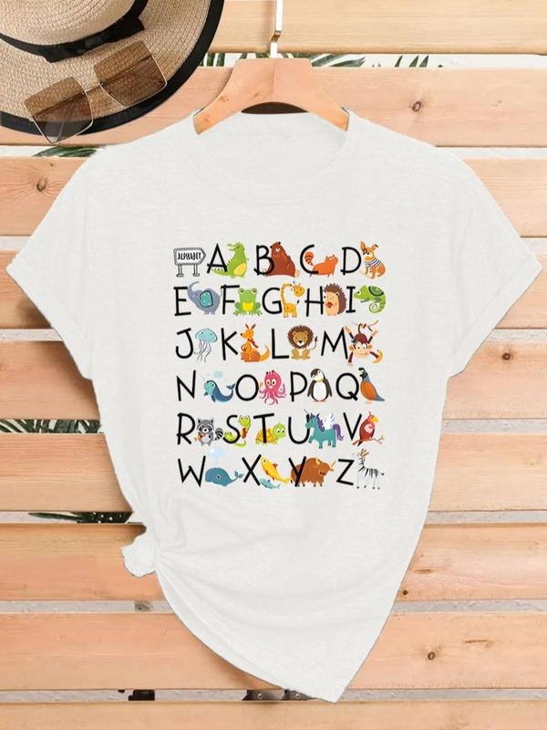 Women's Animal Alphabet Print Round Neck Graphic Tee, Vintage Trendy Casual Short Sleeve T-shirt for Daily Wear, Ladies...