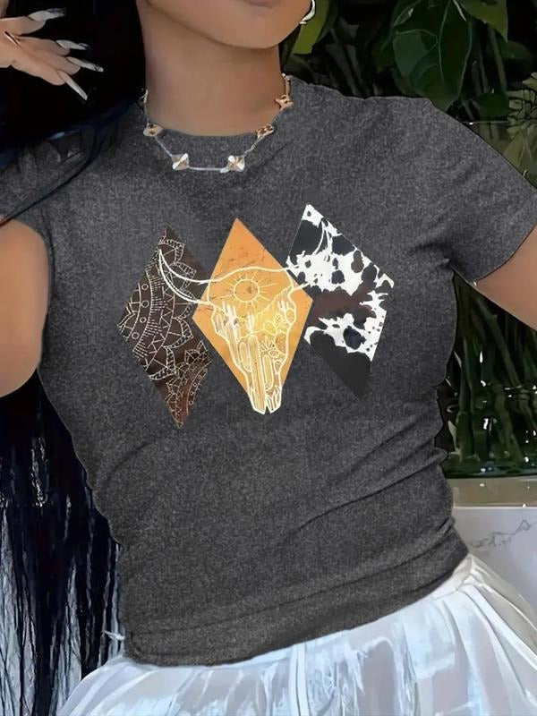 Women's Argyle & Cow Head Print Round Neck Tee, Western Style Short Sleeve Crew Neck T-Shirt for Summer, Fashion Women's...