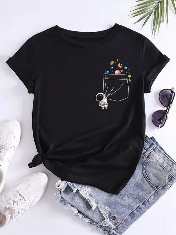 Women's Astronaut & Planet Print Round Neck Tee, Casual Short Sleeve Crew Neck T-Shirt for Summer, Fashion Women's Top...