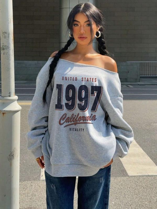 Women's Asymmetrical Shoulder Pullover Sweatshirt with 1997 Number and California Letter Print, Casual Fitted Style for...