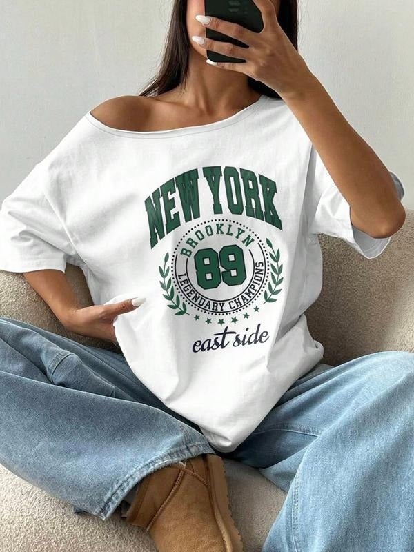 Women's Asymmetrical Shoulder T-Shirt, Loose Fit Graphic Tee with Strawberry Print, Fashion Style Casual Top for Daily...