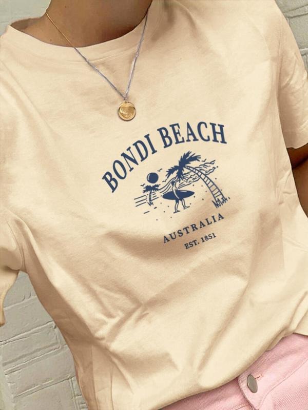 Women's Australia & Letter Print Round Neck Tee, Casual Slogan Graphic Crew Neck T-Shirt for Summer, Fashion Women's Top...