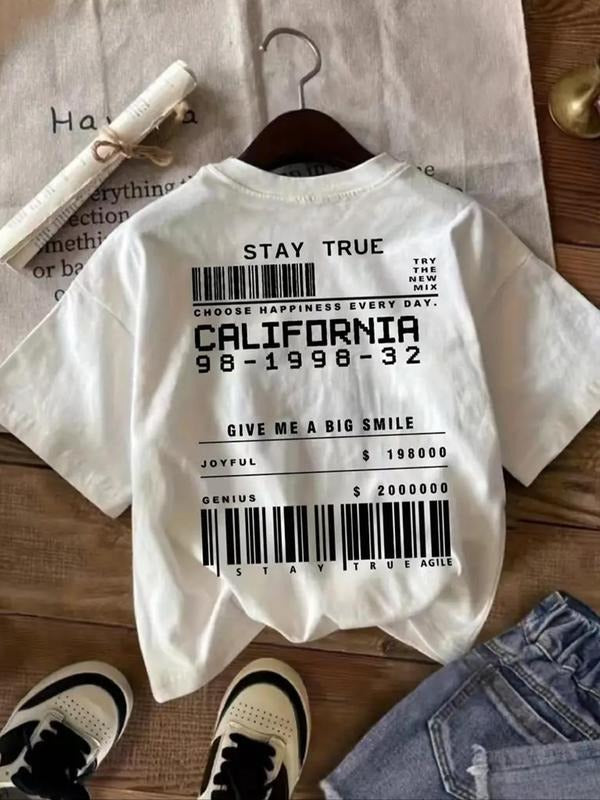 Women's Barcode & Letter Print Round Neck Tee, Fashion Casual Short Sleeve T-shirt, Ladies Summer Clothes for Daily Wear...