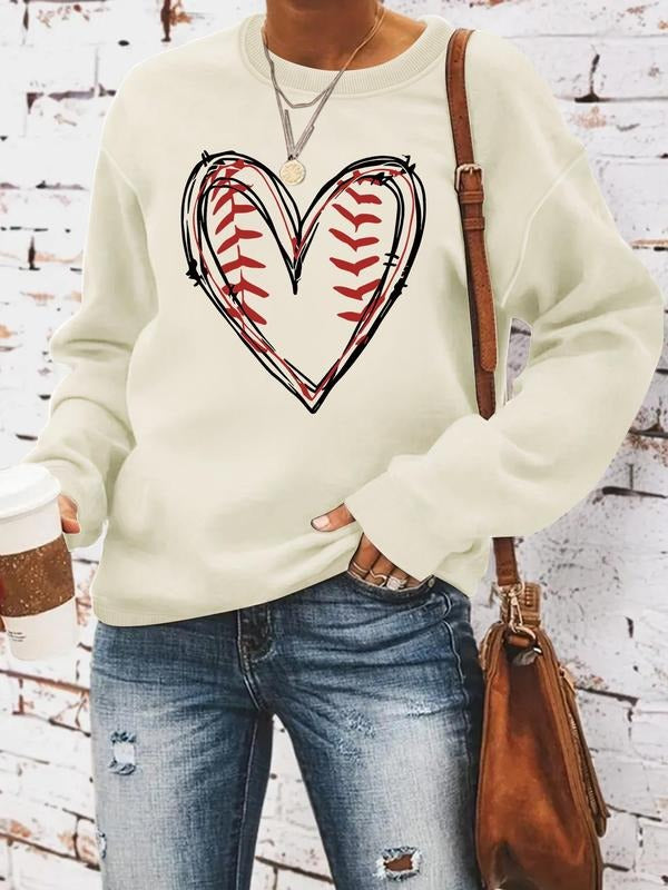 Women's Baseball Heart Print Crew Neck Sweatshirt, Casual Long Sleeve Pullover for Fall & Winter, Women's Clothes for...