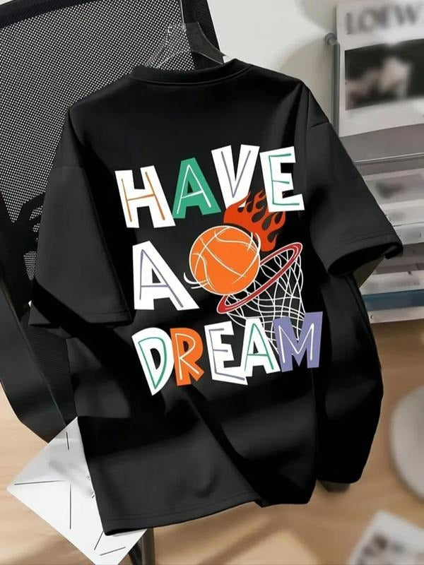 Women's Basketball & Letter Print Round Neck Tee, Fashion Casual Crew Neck Short Sleeve T-Shirt for Daily Outdoor Wear,...