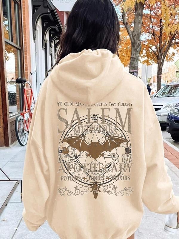 Women's Bat & Letter Print Drop Shoulder Thermal Lined Hoodie, Fashion Casual Drawstring Pocket Hooded Sweatshirt for...