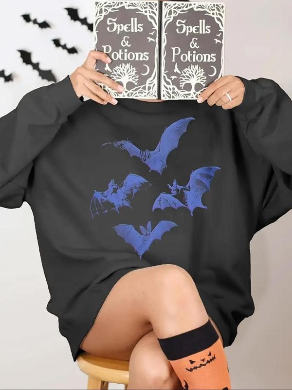 Women's Bat Print Drop Shoulder Sweatshirt, Casual Long Sleeve Round Neck Pullover for Fall & Winter, Women's Clothes for...