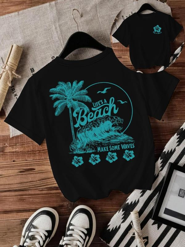 Women's Beach Graphic Round Neck Tee, Vintage Trendy Casual Short Sleeve T-shirt for Daily Wear, Ladies Summer Outfit,...