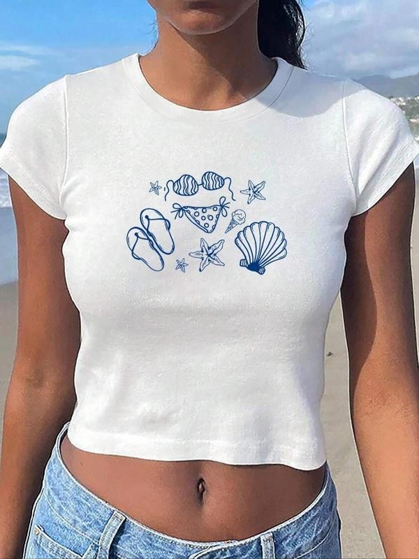 Women's Beach Print Round Neck Crop Tee, Casual Short Sleeve Graphic T-shirt, Ladies Summer Clothes for Daily Wear...